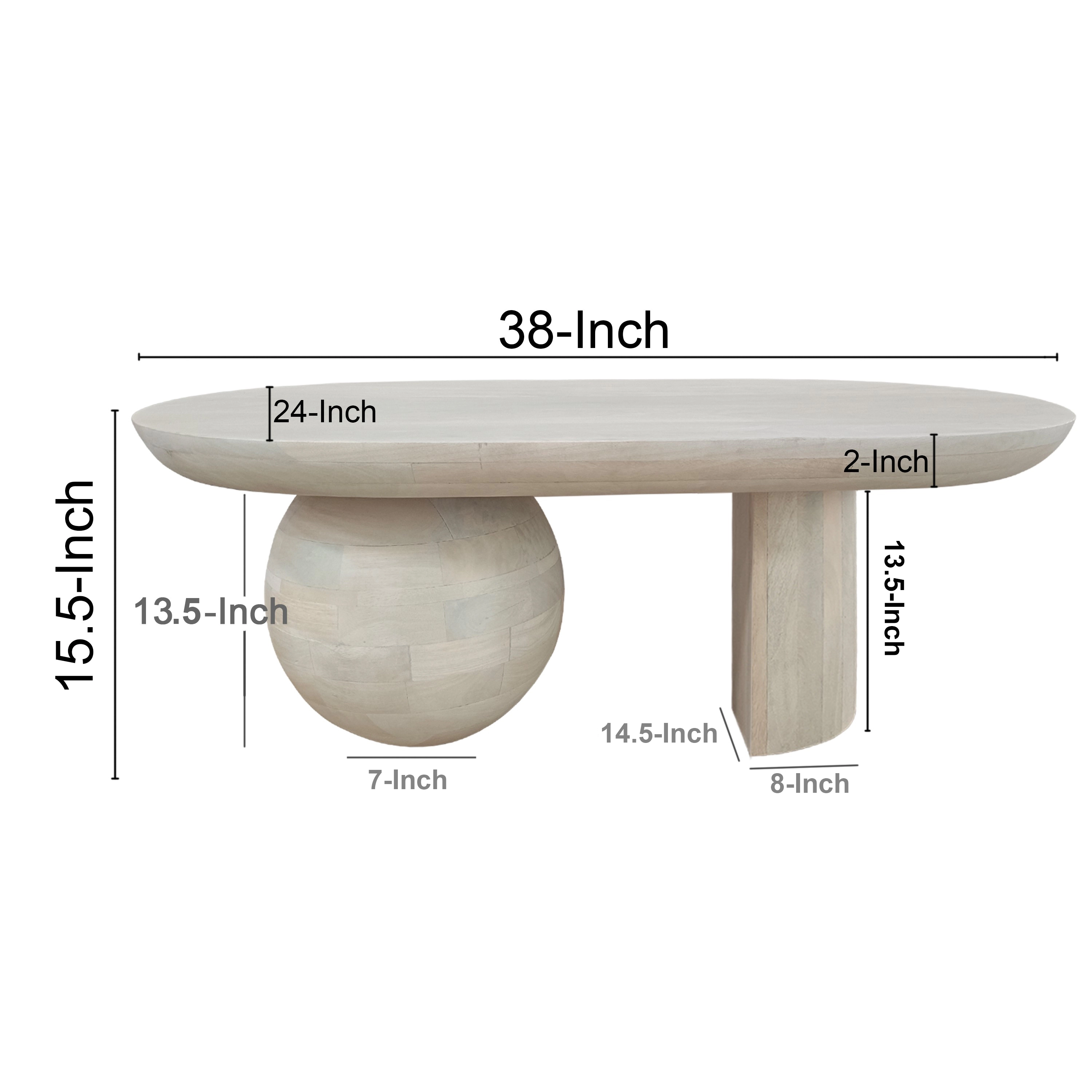The Urban Port 38 Inch Coffee Table, Oblong Mango Wood Top with a Modern Ball Leg, Washed White