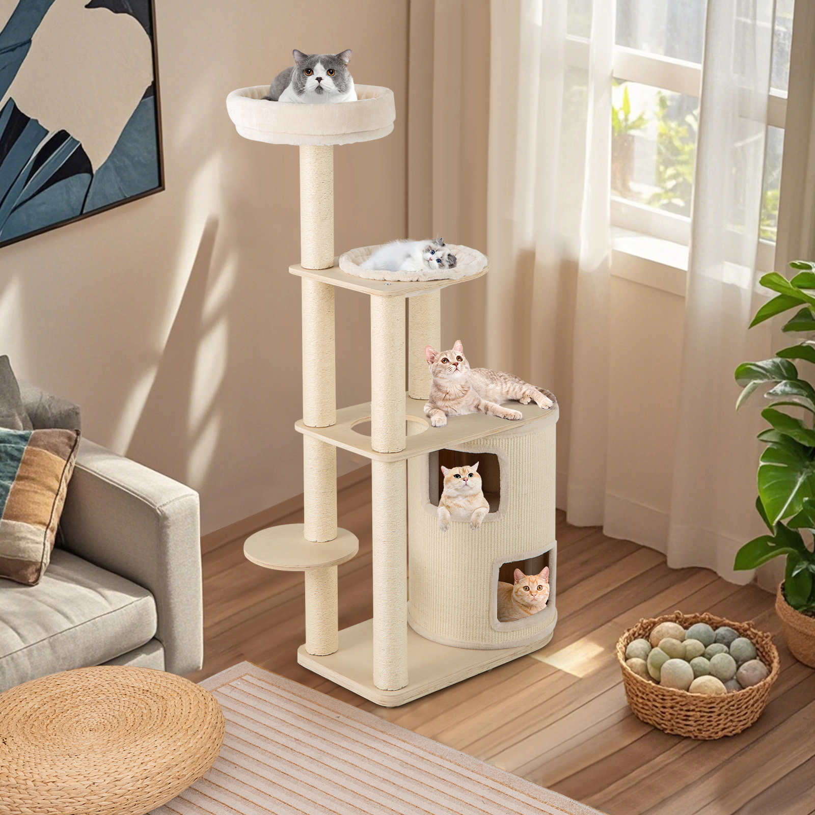 SUGIFT Natural 60 in Cat Tree with 2-Story Condo Hammock and Birch Plywood Frame