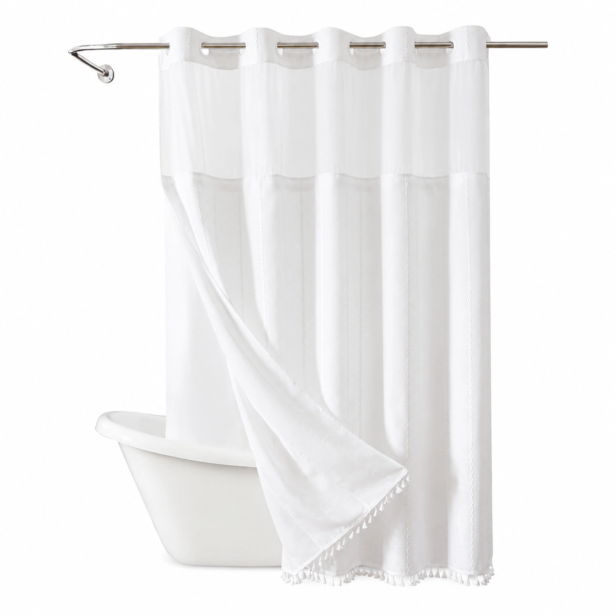 WZK Boho Rustic Striped Linen Snap In Liner Tassels Sheer Window Water Repellent Shower Curtain Set