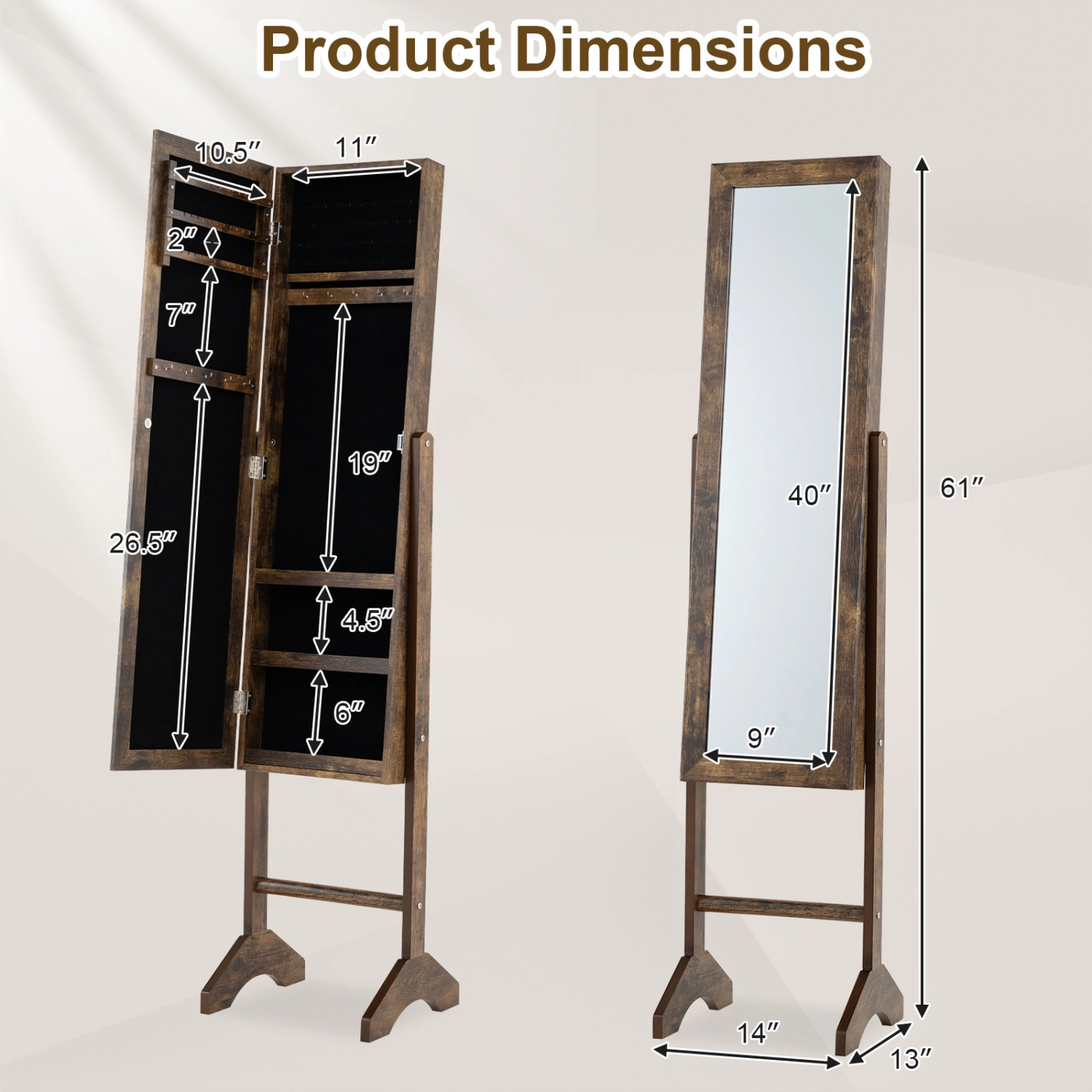 SUGIFT Freestanding Jewelry Armoire with Velvet Lining and Full Length 40-in Mirror Brown