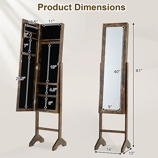 SUGIFT Freestanding Jewelry Armoire with Velvet Lining and Full Length 40-in Mirror Brown