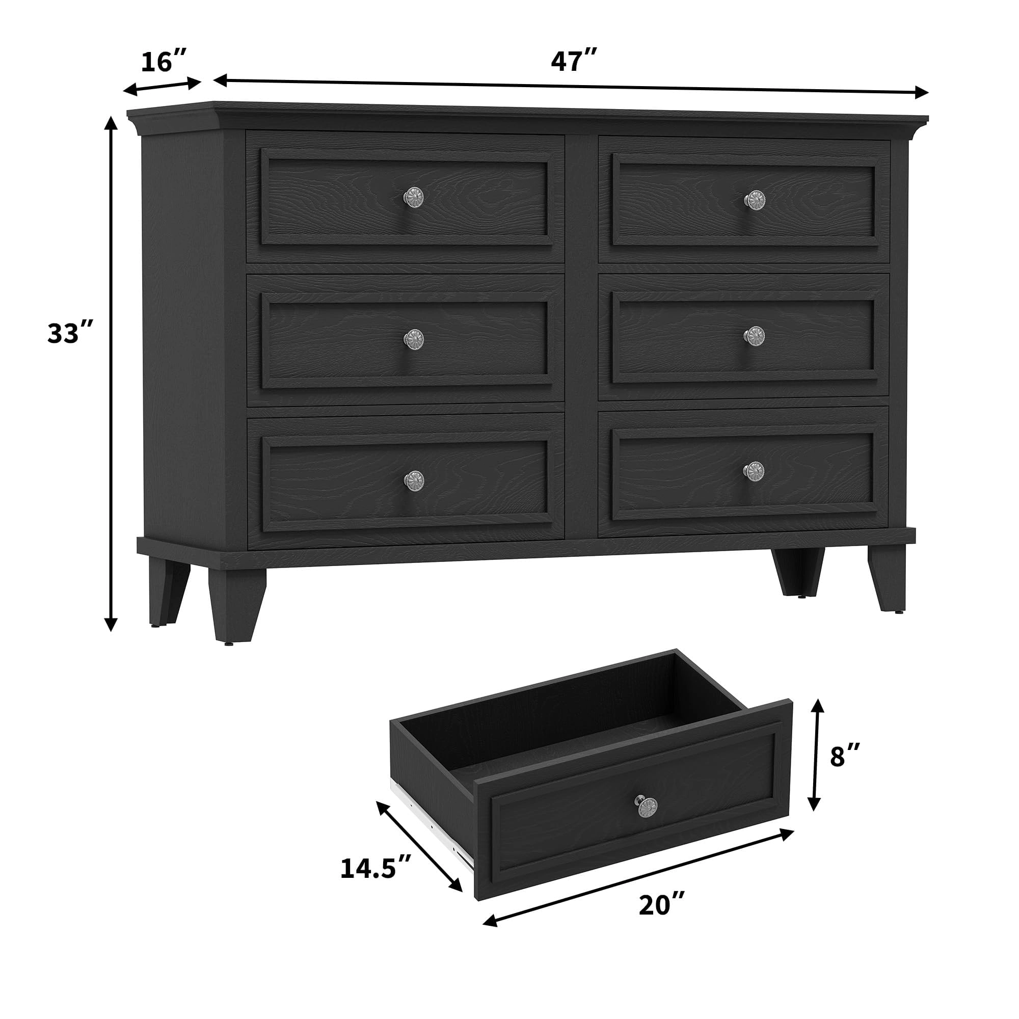 6 Drawer Dresser, Wooden Storage Chest with Metal Handles, Large TV Stand for Bedroom & Living Room