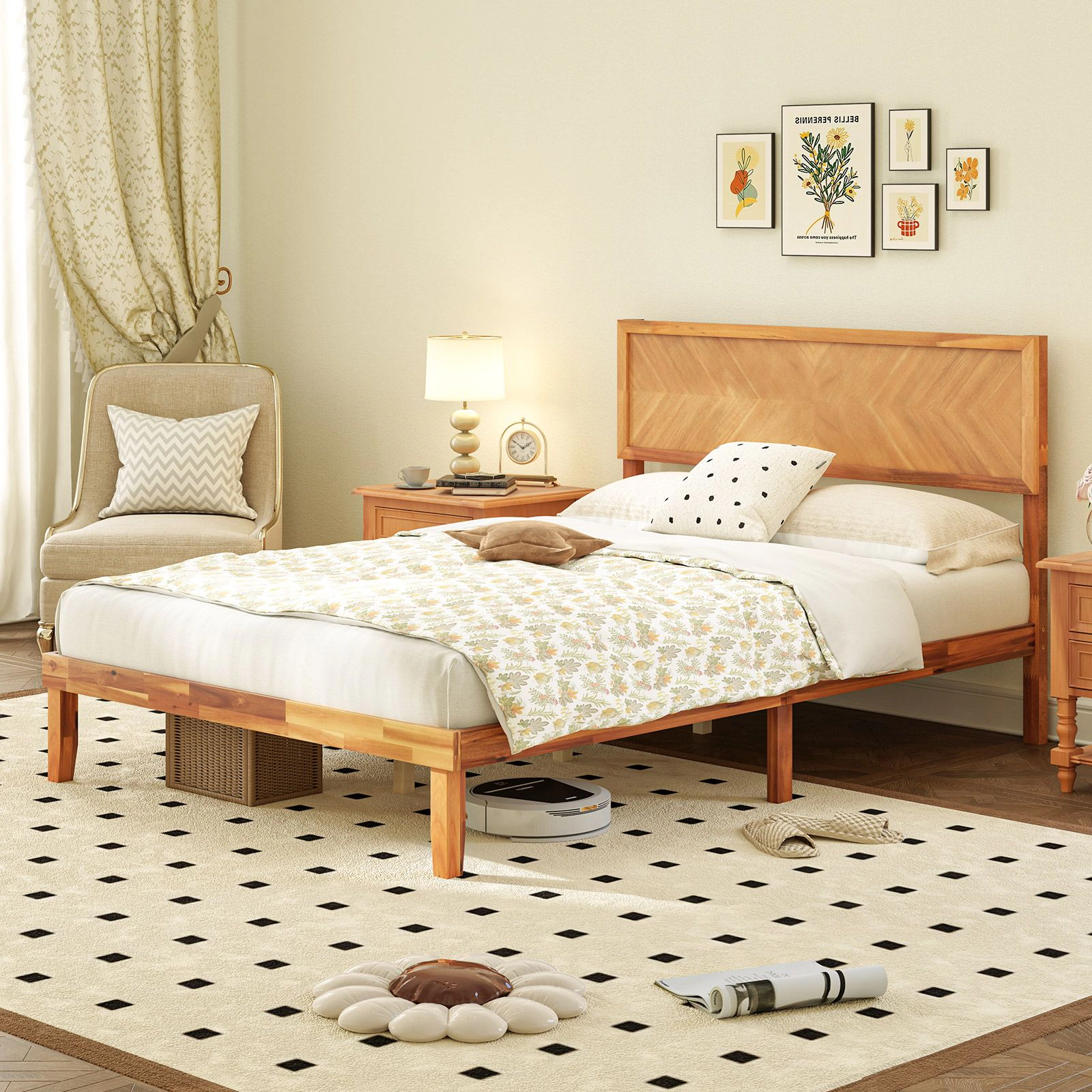 SlickBlue Wooden Platform Bed Frame with Headboard and Slats