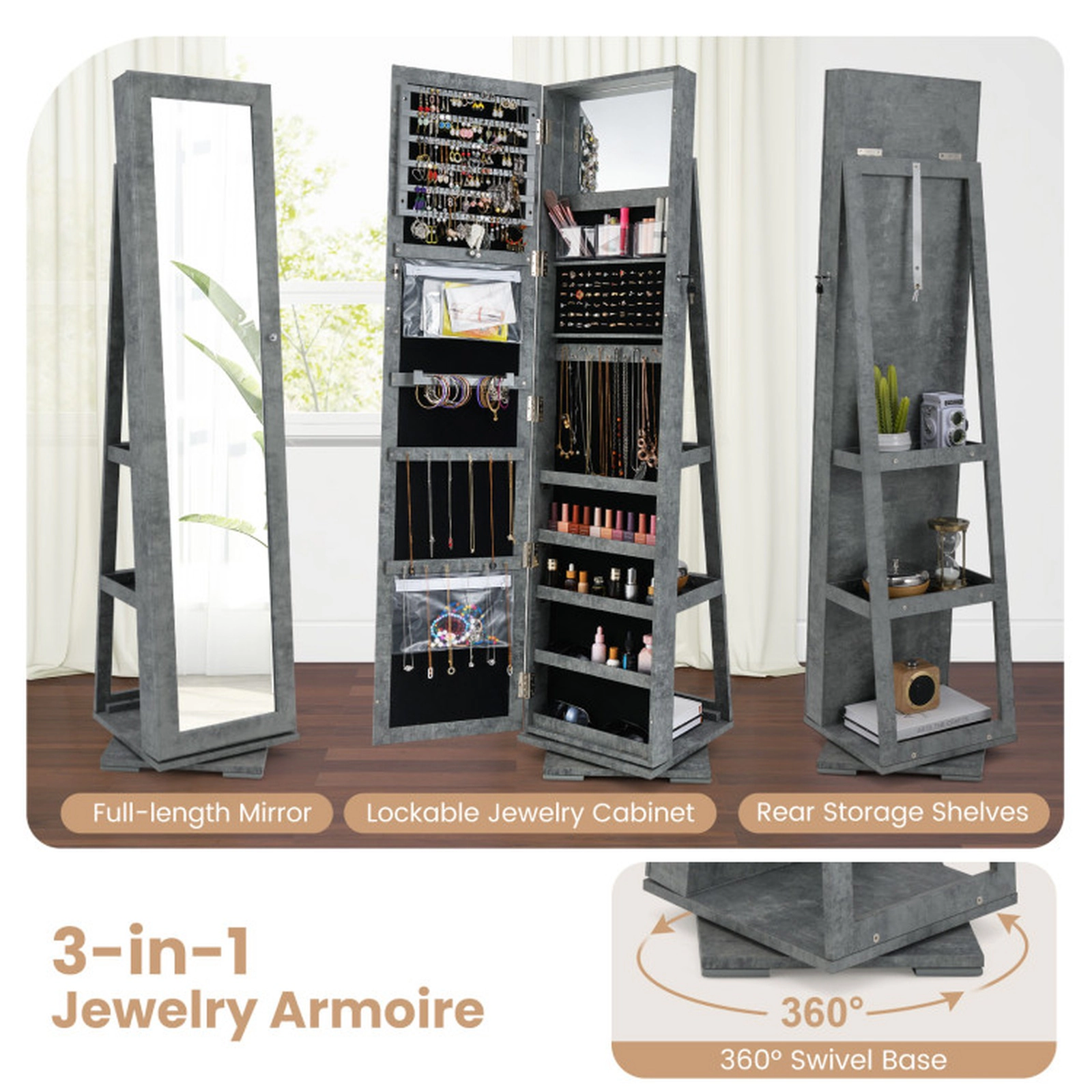 SUGIFT 360° Rotatable 2-in-1 Lockable Jewelry Cabinet Full-Length 11 x 57 in Mirror 63.5-in Tall 48-lb Net Weight Green