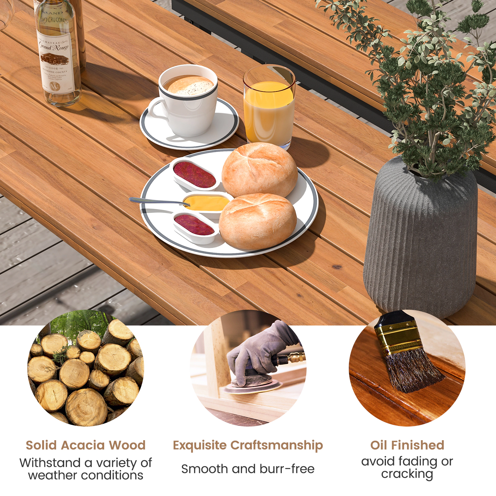 SUGIFT Outdoor Folding Dining Table and Bench Set with Acacia Wood Top 59-in Table 165-lb Capacity 55-in Benches Natural