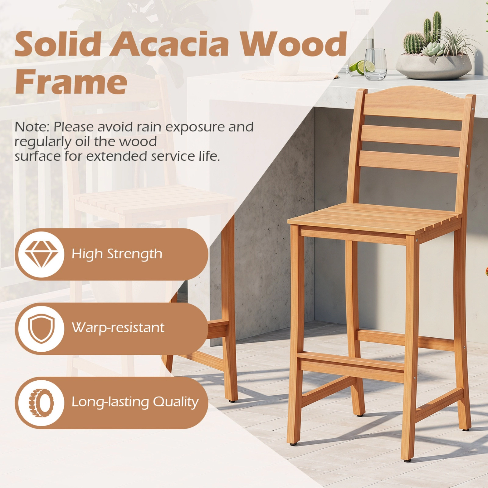 SUGIFT Natural Slatted Seat and Built-In Footrest Solid Acacia Wood Outdoor Bar Stool