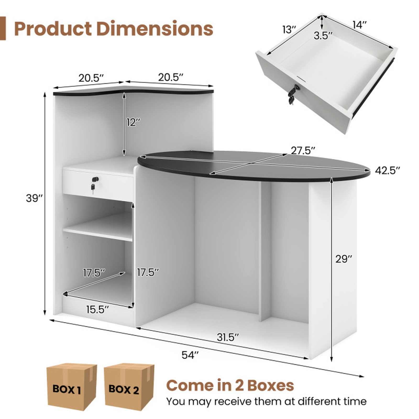 SUGIFT 54-Inch Black Reception Desk with Oval Counter, Lockable Drawer and Corner Shelf