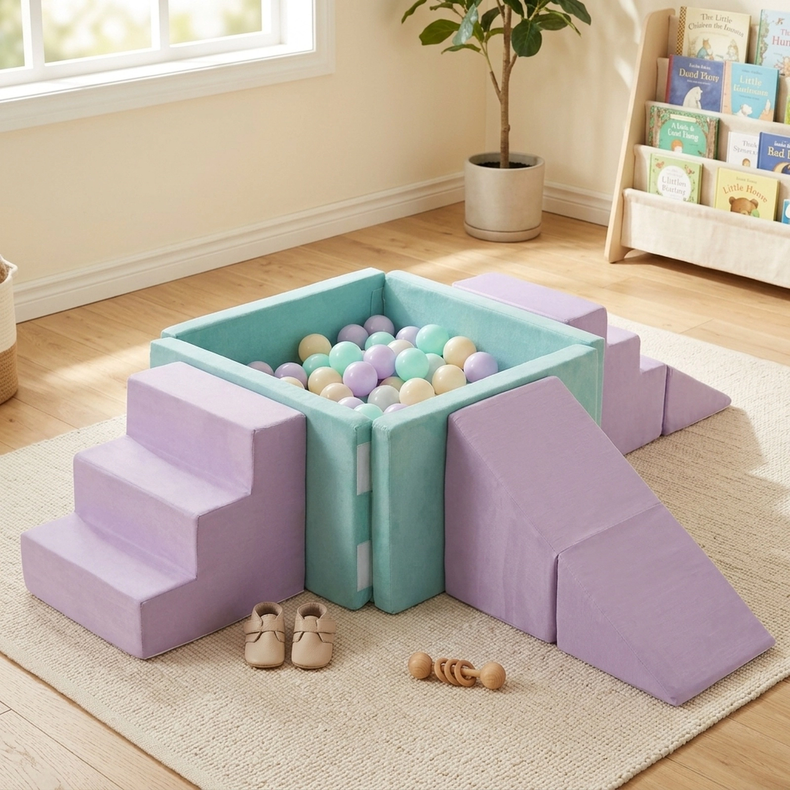 3-in-1 Toddler Soft Play Set 37-in Foam Ball Pit Triangle Climber and Step Block Washable Suede Covers Ages 3+ Purple