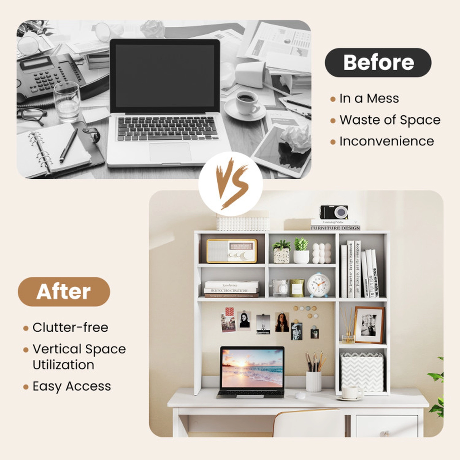 SUGIFT White Desktop Bookshelf with 7 Open Cubbies and 3 Adjustable Shelves