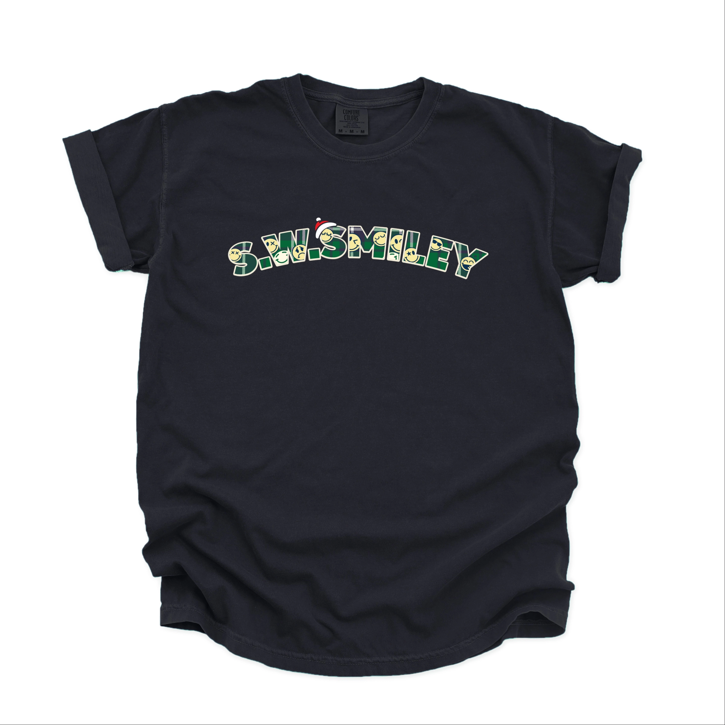 Simply Sage Market - Women's Garment Dyed Graphic T-Shirt S.W.Smiley Christmas Green Plaid