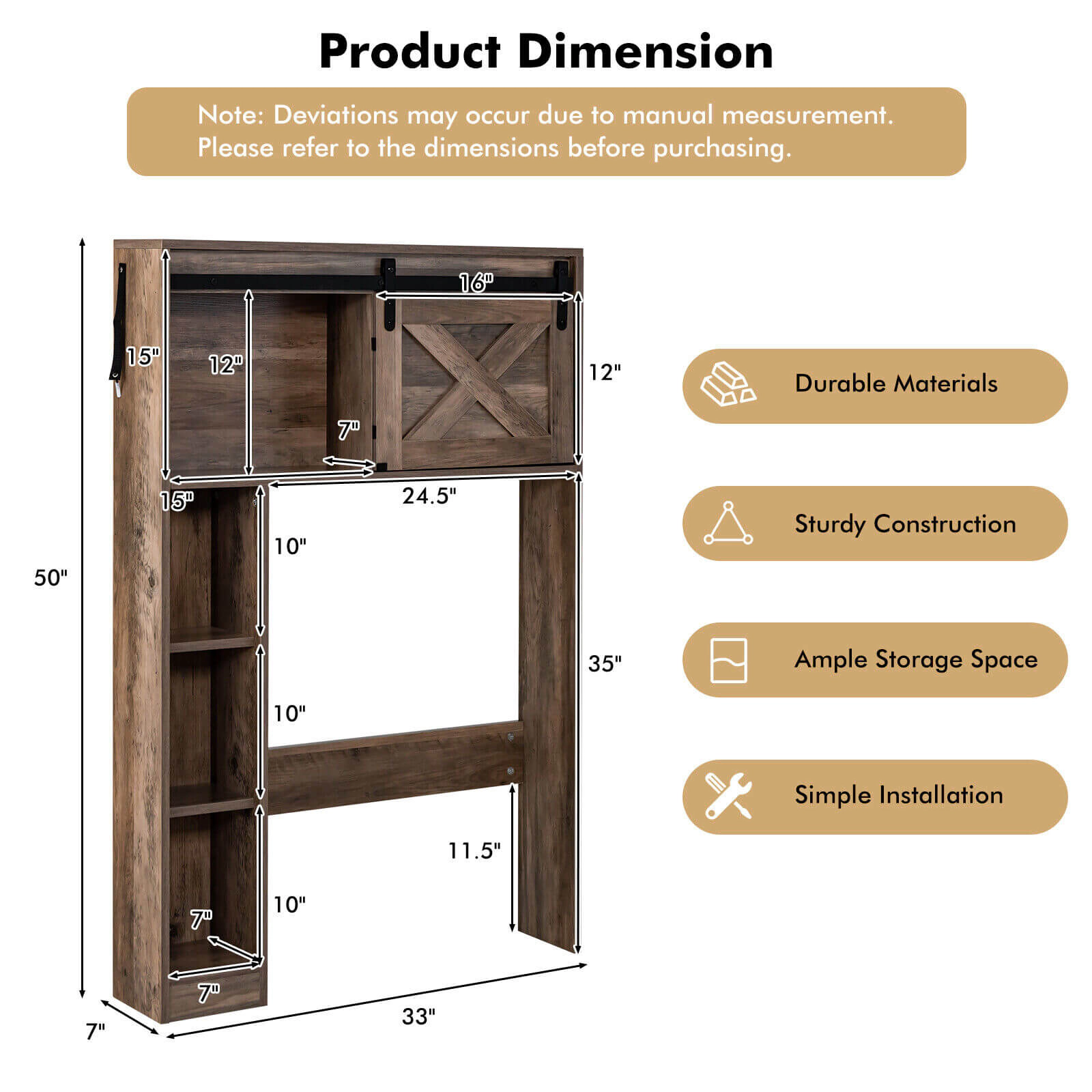 SUGIFT 4-Tier Over The Toilet Storage Cabinet with Sliding Barn Door 154-lb Top Capacity White/Rustic Brown