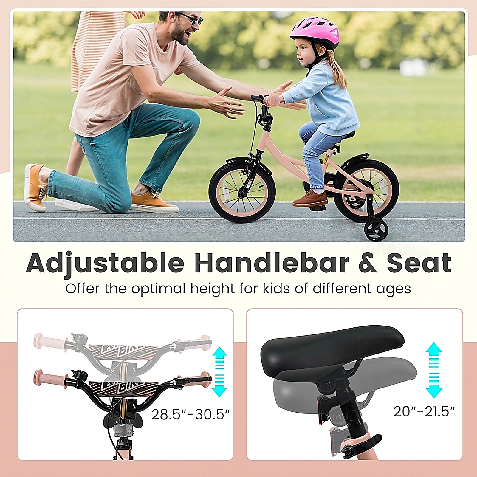 SUGIFT Pink Removable Training Wheels Adjustable Handlebar and Seat Kids 14 Inch Bike