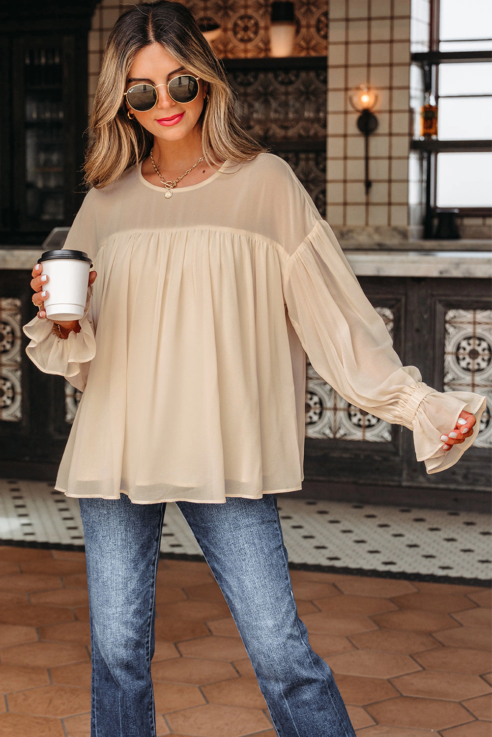 Threaded Pear Women's Mayaevi Sleeve Chiffon Blouse Long Sleeve Top