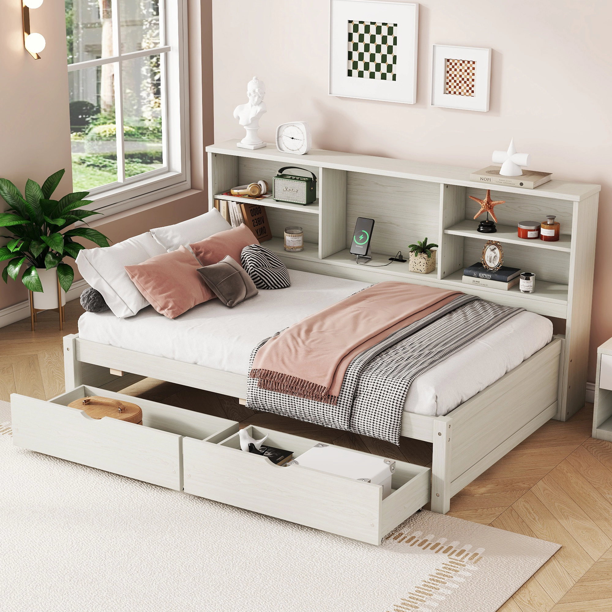 Flynama Twin Bed Frame with Side Bookshelves, Two Drawers & USB Port, Creamy White
