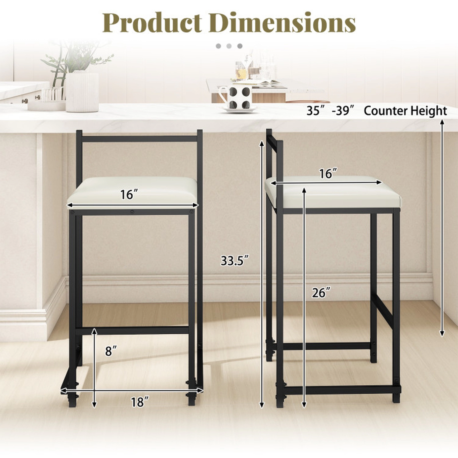 SUGIFT Set of 2 Stackable Counter Height Bar Stools Footrest 400-lb Capacity 26-in Seat Black Frame Light Gray Cushions