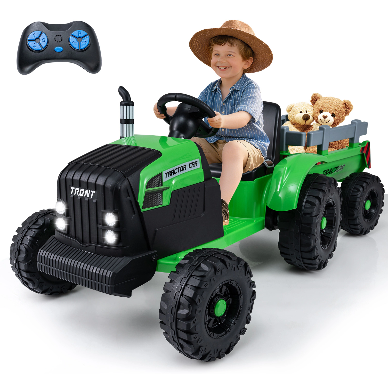 SUGIFT 24V Electric Ride On Tractor with Detachable Trailer and Remote Control 77-lb Capacity Ages 3-8 Green