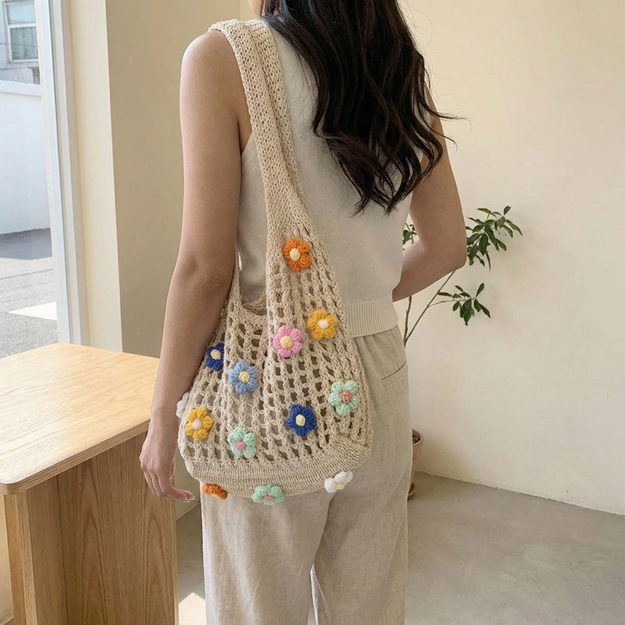 Alilang Women Crochet Shoulder Tote Bag Floral Applique Lightweight Slouchy Handbag, Light Beige