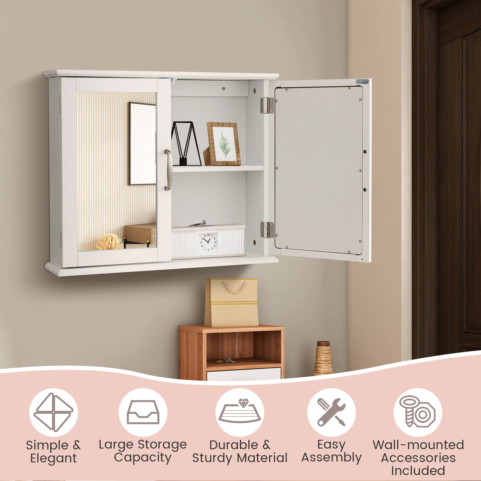 Slickblue Wall Mounted Bathroom Mirror Cabinet with Double Doors and Interior Storage