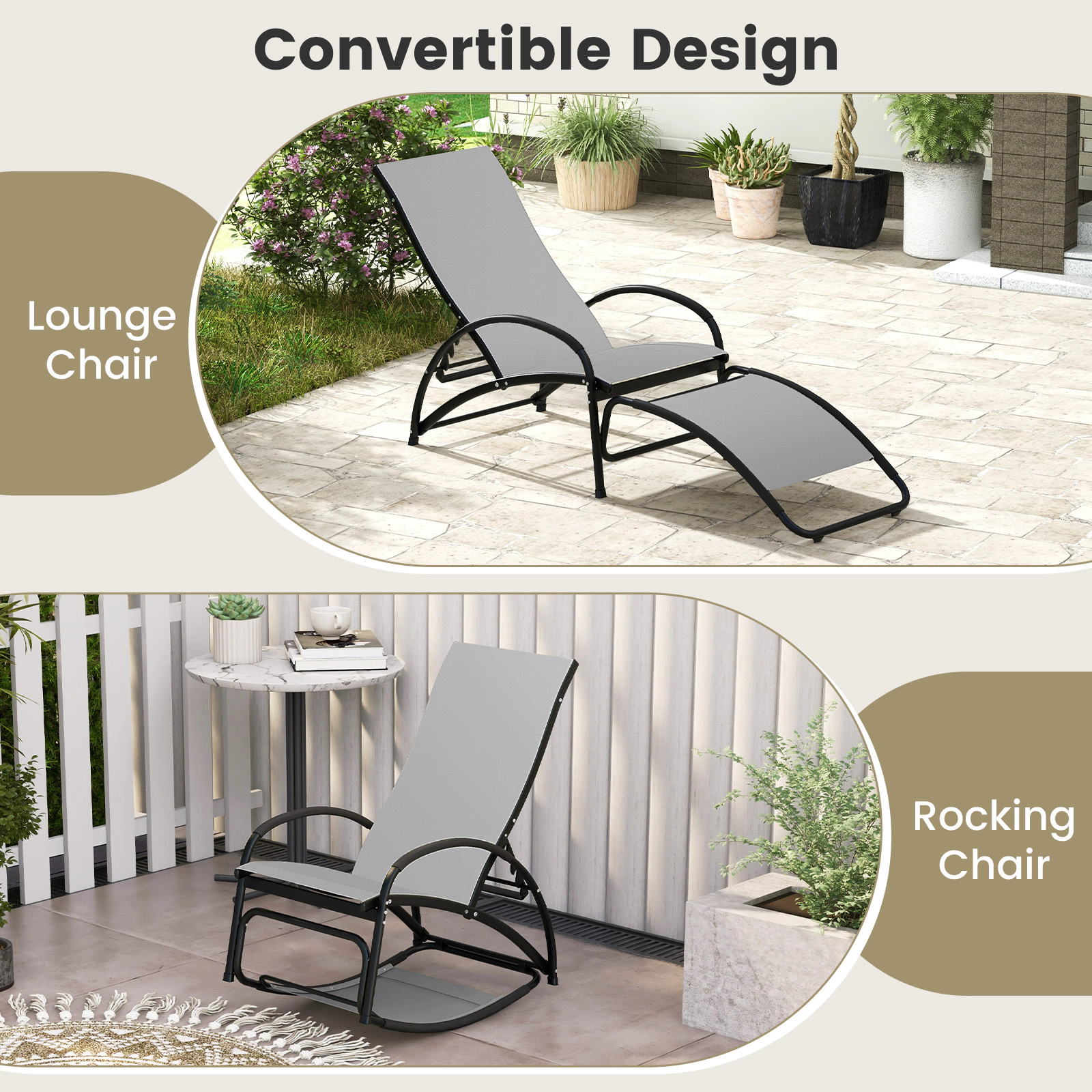 LJG 2-in-1 Outdoor Rocking Chair with 4-Position Adjustable Backrest for Patio Porch Poolside