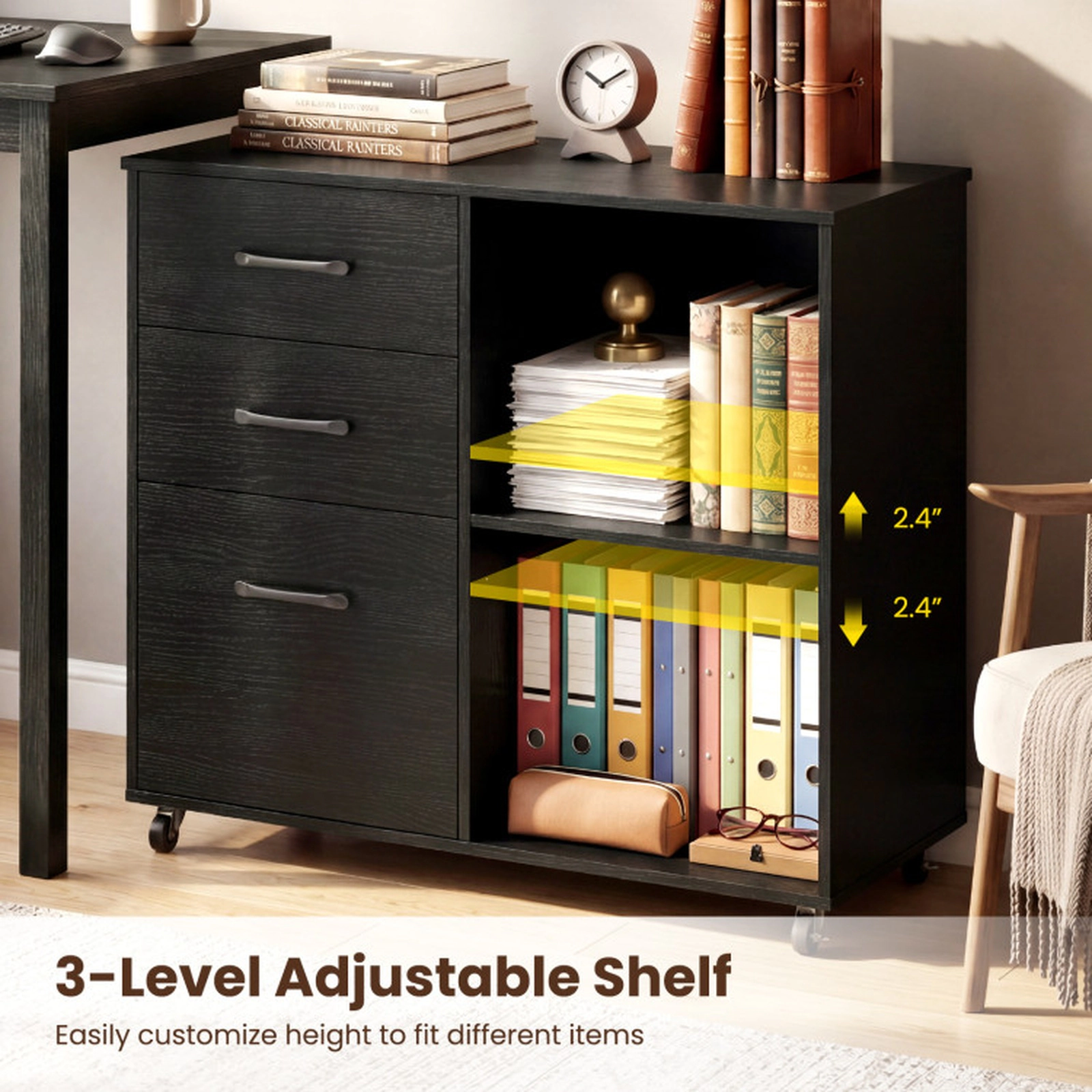 SUGIFT 3-Drawer Mobile Lateral File Cabinet Printer Stand with Side Storage