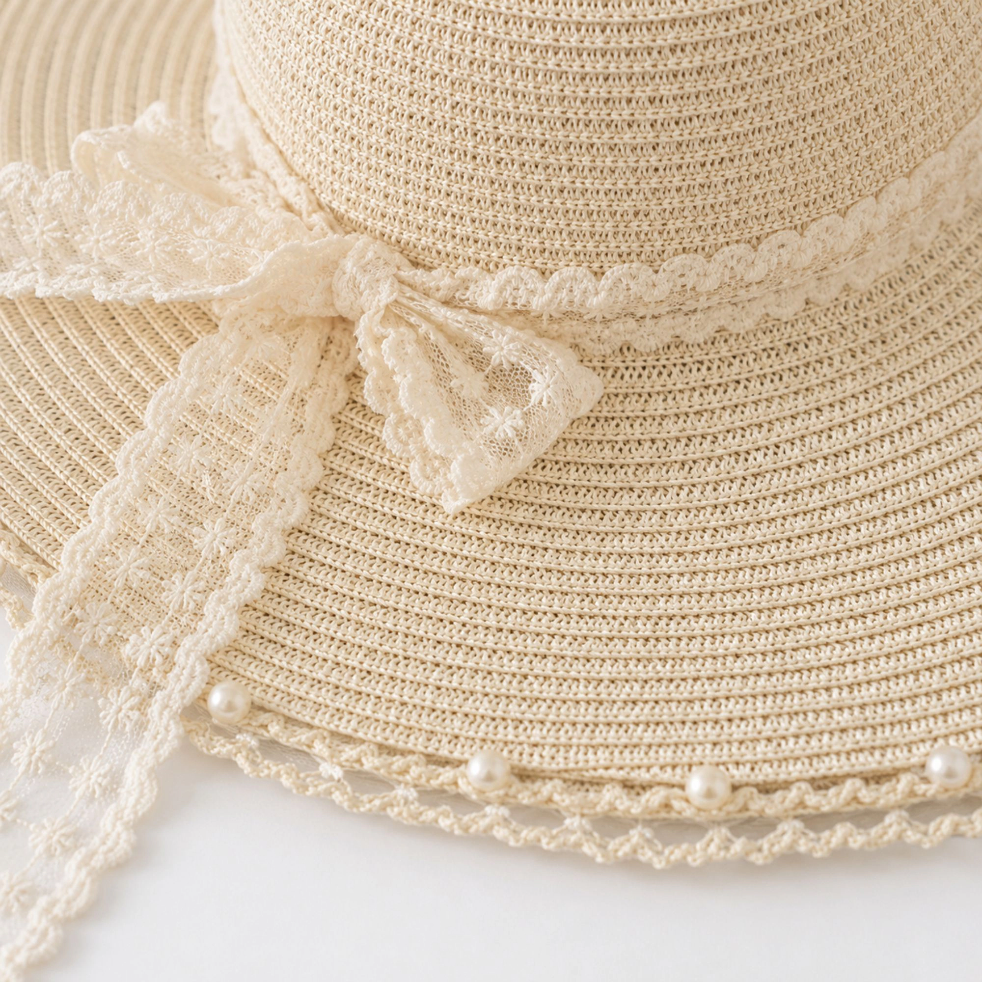 Anna-Kaci Women's Wide Brim Sun Hat with Lace Bow and Pearl Trim