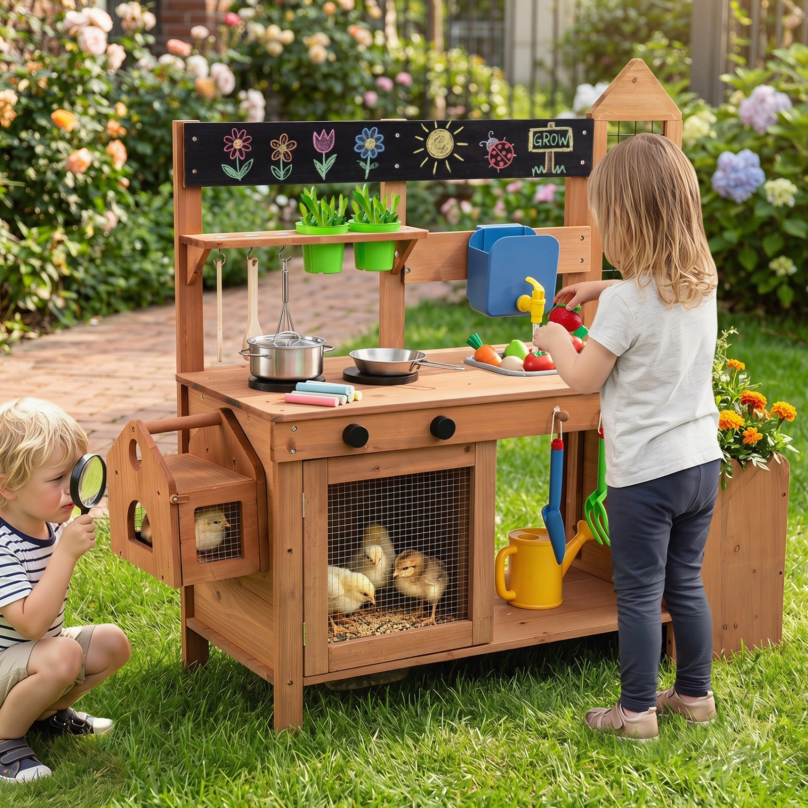 Outdoor Mud Kitchen for Kids with Planter Box Birdcage Chalkboard and Working Faucet 44-in x 16-in x 40-in Fir Wood