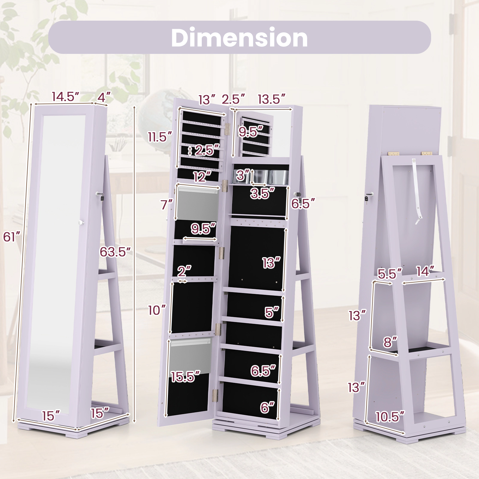 SUGIFT 360° Rotatable 2-in-1 Lockable Jewelry Cabinet with Full-Length 63.5-in Mirror 48-lb P2 MDF Organizer Purple
