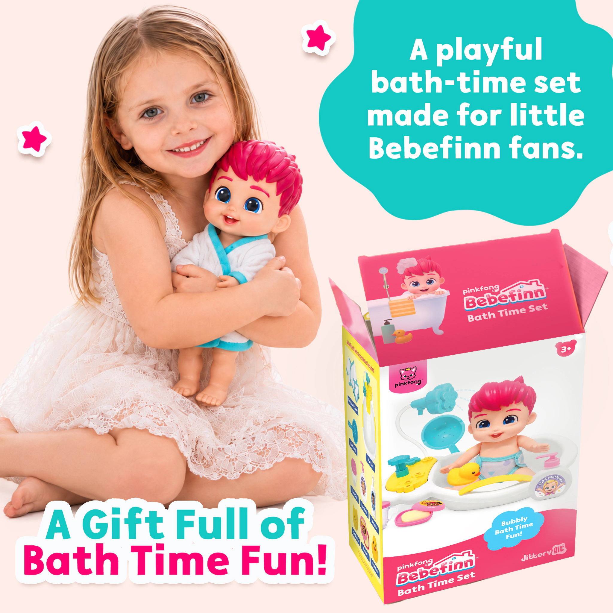 Bebefinn Kids Bath Doll Set - Water-Safe Baby Doll with Bath Play Accessories