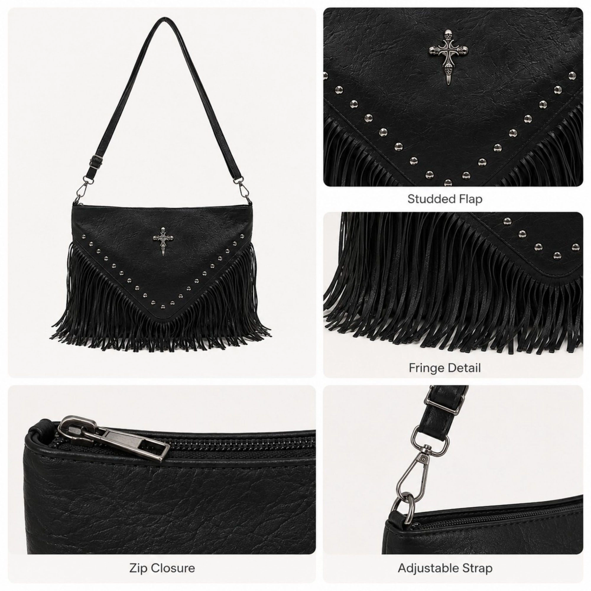 Alilang Women's Studded Fringe Shoulder Bag with Adjustable Strap and Zip Closure