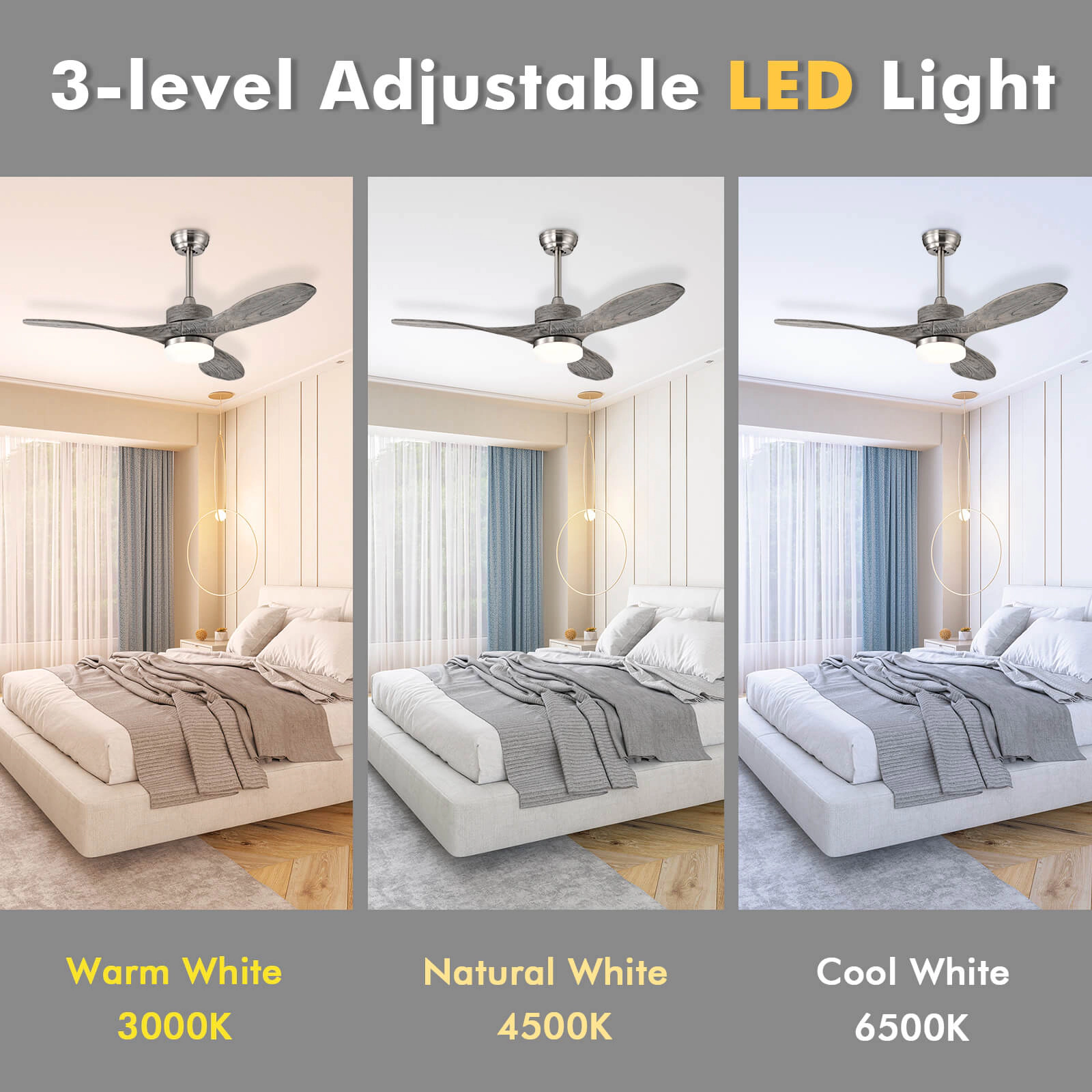 SUGIFT 48-in Wood Ceiling Fan with 18W LED Light 6-Speed DC Motor Remote 3 Paulownia Blades for 215-291 sq.ft Nickel