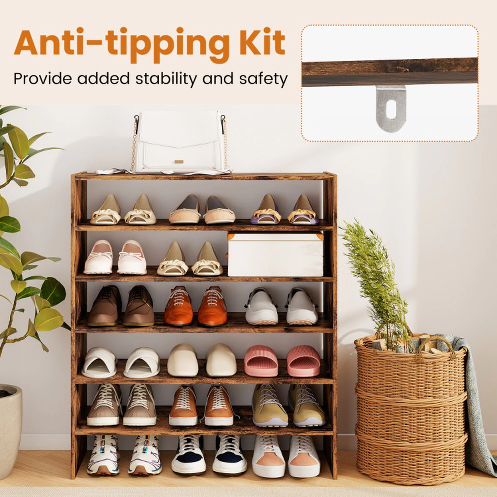 SUGIFT Rustic Brown Anti-Tipping Device 31 Inch Entryway Shoe Organizer 6-Tier Shoe Rack