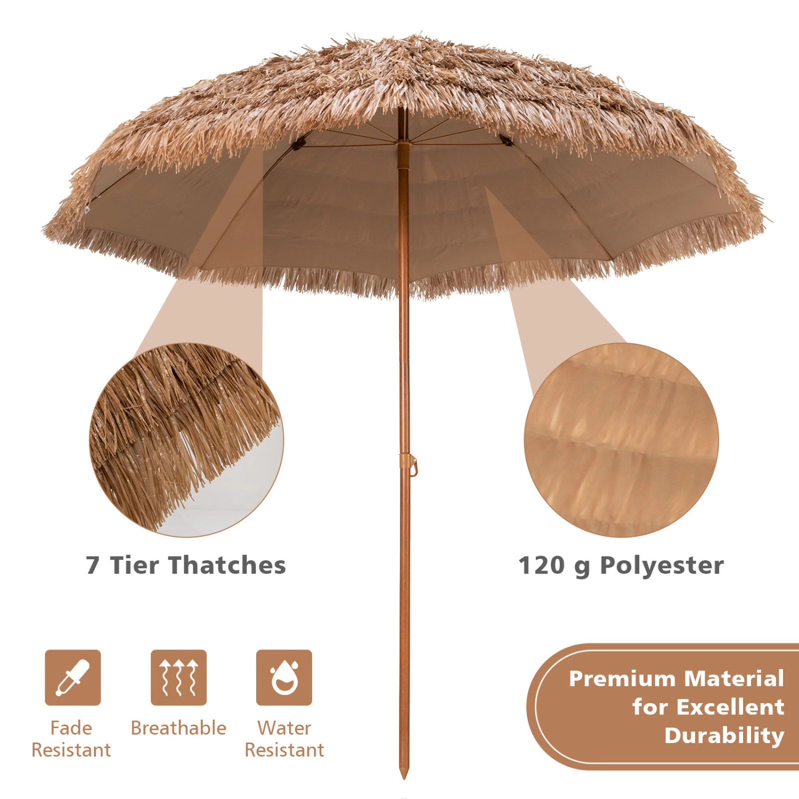 SUGIFT 8-ft Natural Thatched Tiki Hawaiian Hula Patio Beach Umbrella with 7-Layer Thatch and 8 Steel Ribs