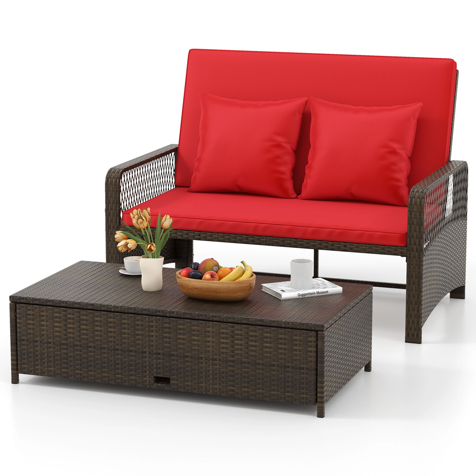 SUGIFT 2-Piece Wicker Patio Daybed with 4-Level Backrest and Storage Ottoman 48.5-in W 800-lb Seat Capacity Red