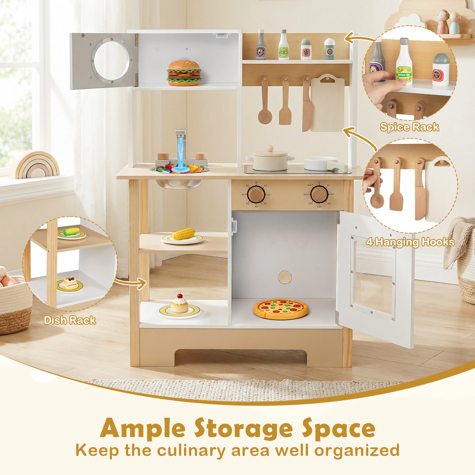 Kids Wooden Toy Kitchen Playset with Anti-Tip Kit Chalkboard and Cookware Accessories 24-in x 10-in x 33.5-in White