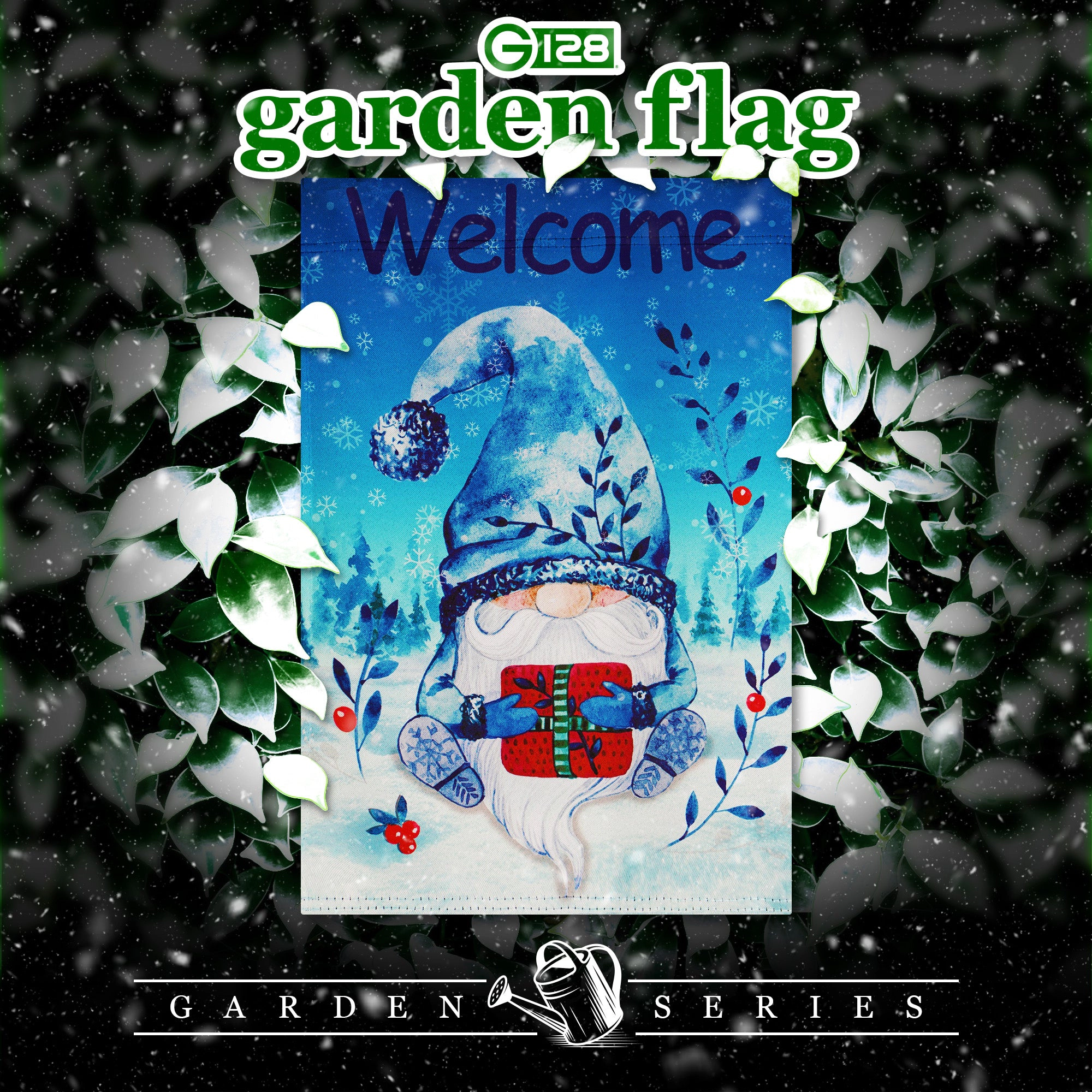 G128 12x18in Blockout Polyester Garden Flag - Festive Bearded Gnome with Parcel