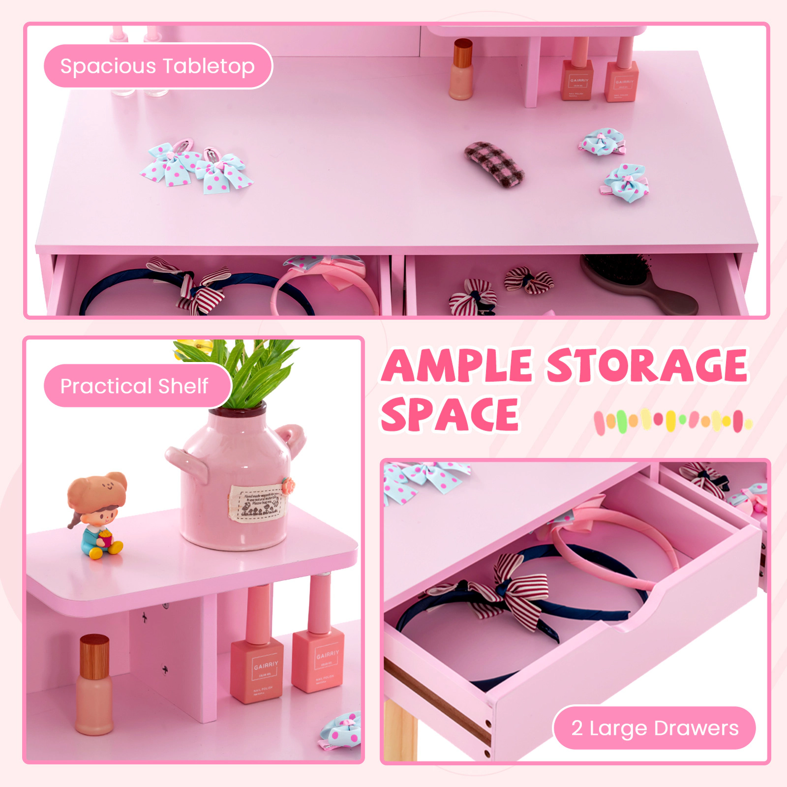 SUGIFT Removable Mirror and 2 Large Storage Drawers Kids Vanity Table Stool Set