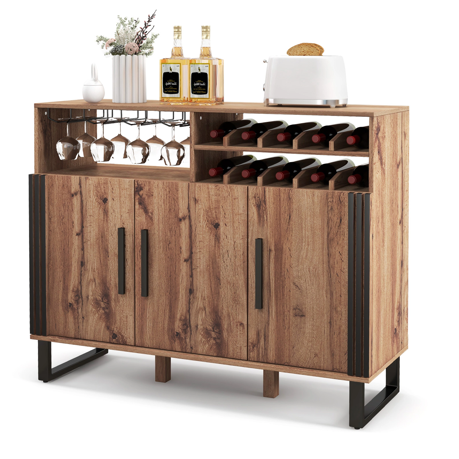 Glintex 47-Inch Wine Bar Cabinet with 2-Tier Wine Rack and 4-Row Glass Holder, Brown