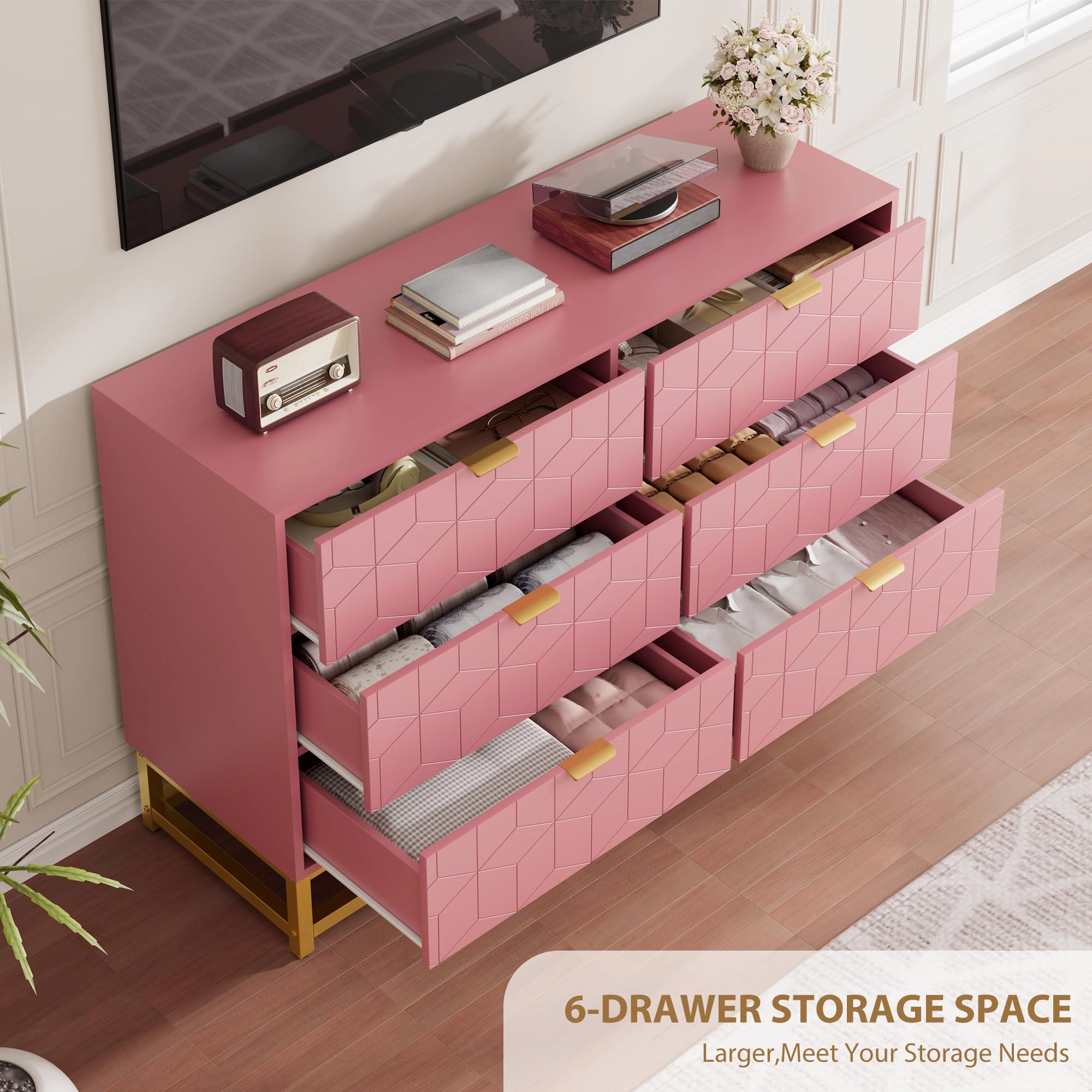 Modern 6 Drawer Double Dresser with Gold Handles, Wide Storage Chest & TV Stand for Bedroom Living Room