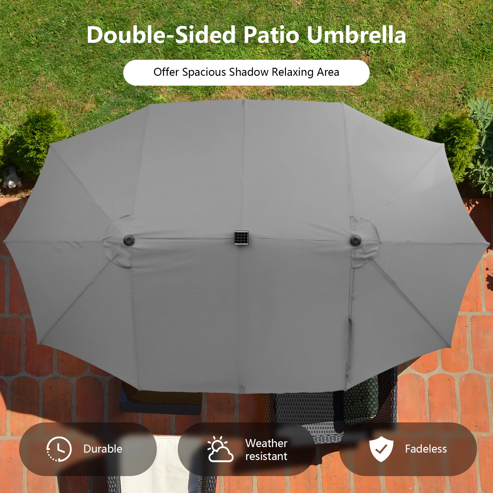SUGIFT 15-ft Gray Rectangular Double-Sided Patio Umbrella with 48 Solar LED Lights