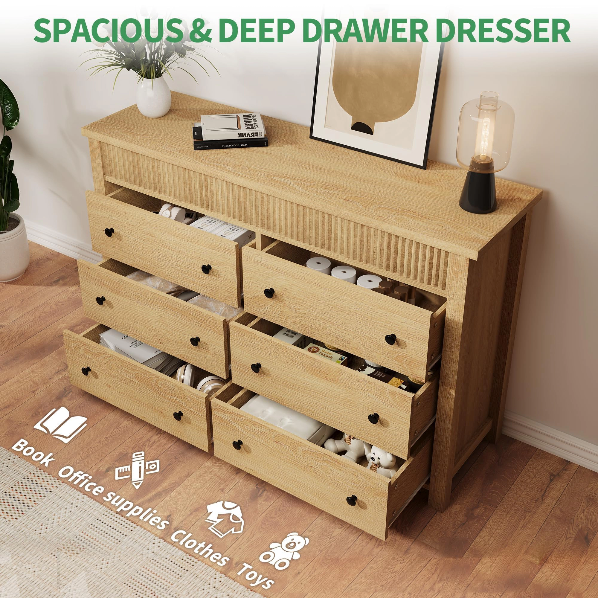 Fluted 6 Drawer Wooden Dresser, 47" Wide Modern Storage Chest for Bedroom or Living Room