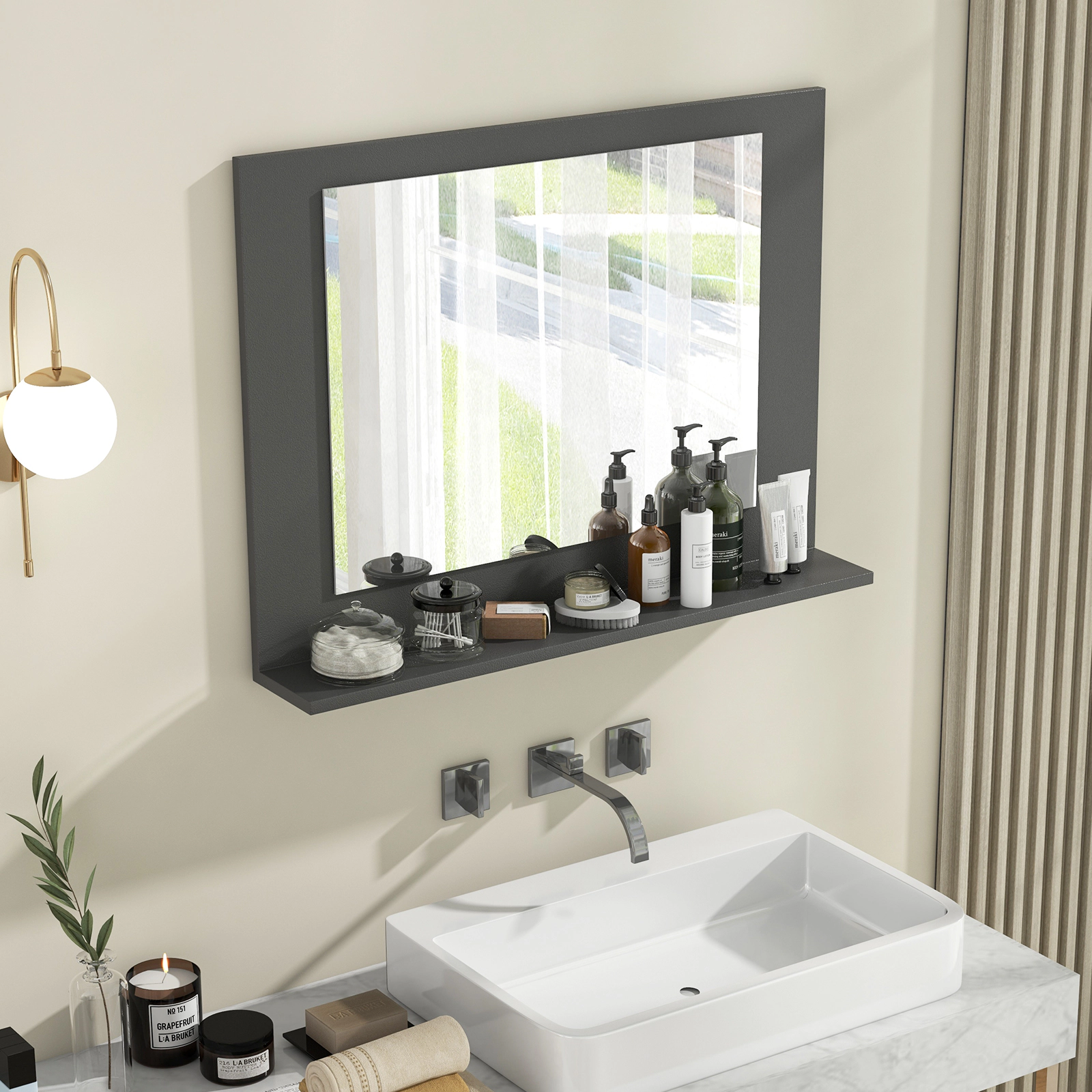 SUGIFT Rectangle Bathroom Mirror Gray 23.5 x 17.5 Inch with Wood Frame and Shelf