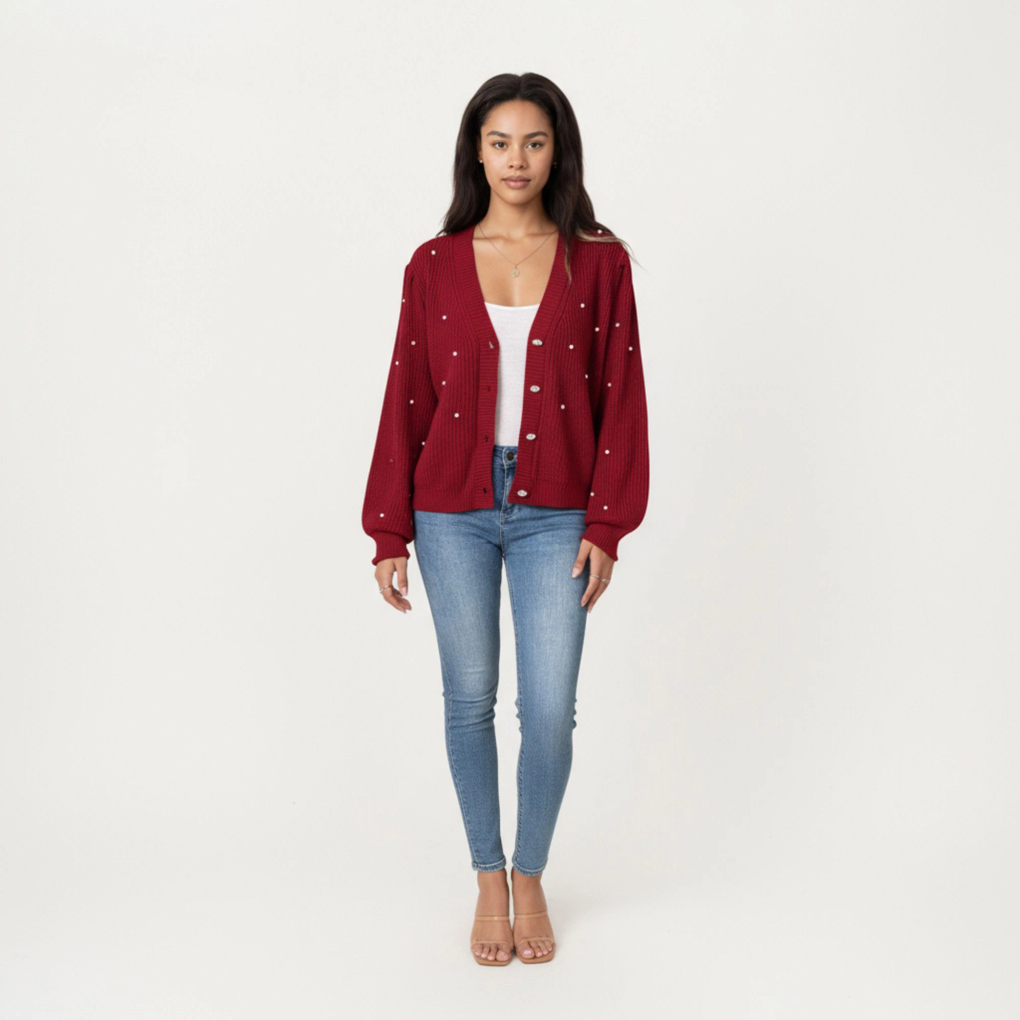 Anna-Kaci Women's Long Sleeve Button-Up Knit Cardigan with Faux Pearl Embellishments and Ribbed Hem