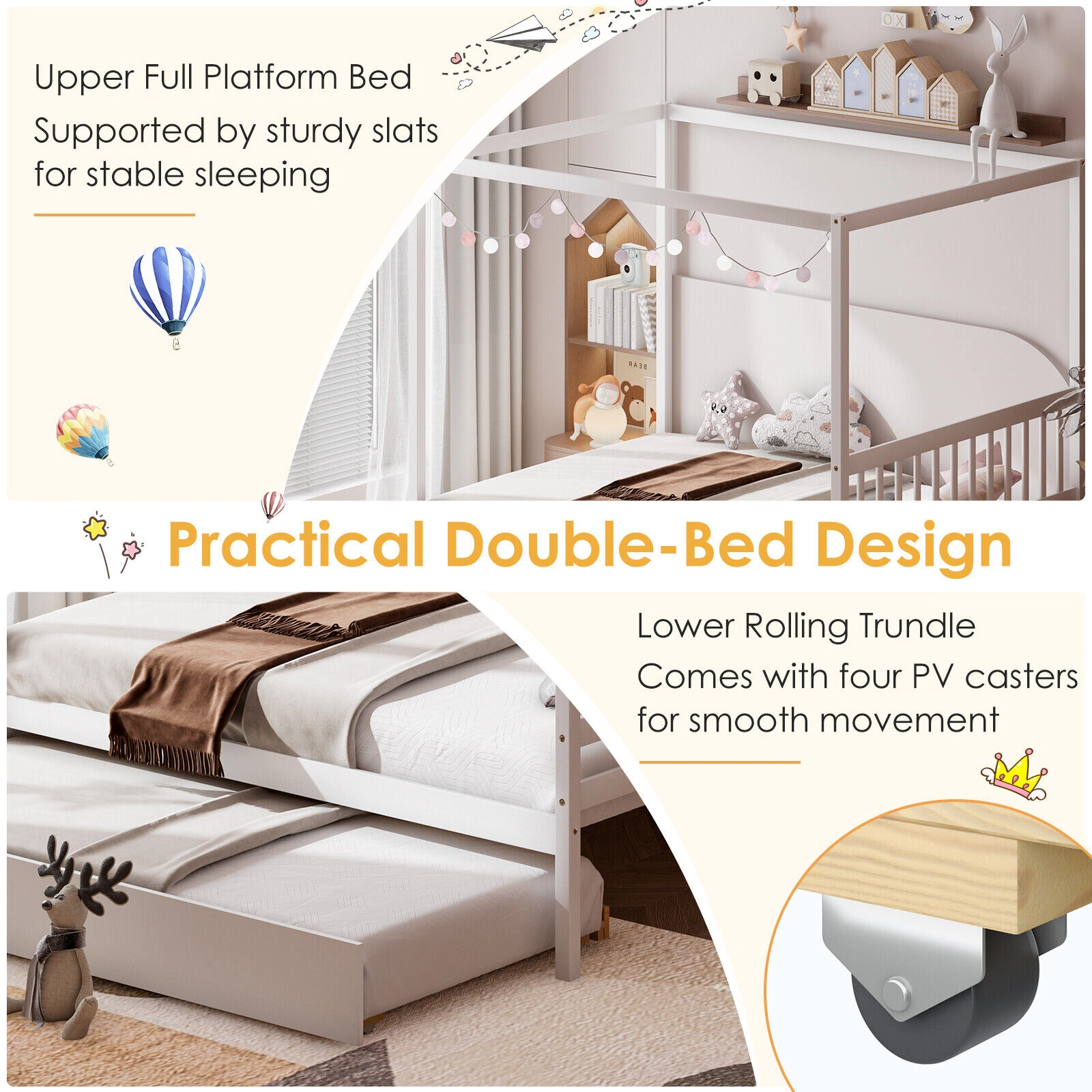 SUGIFT Full Canopy Bed with Rolling Trundle, White Wood Platform Frame