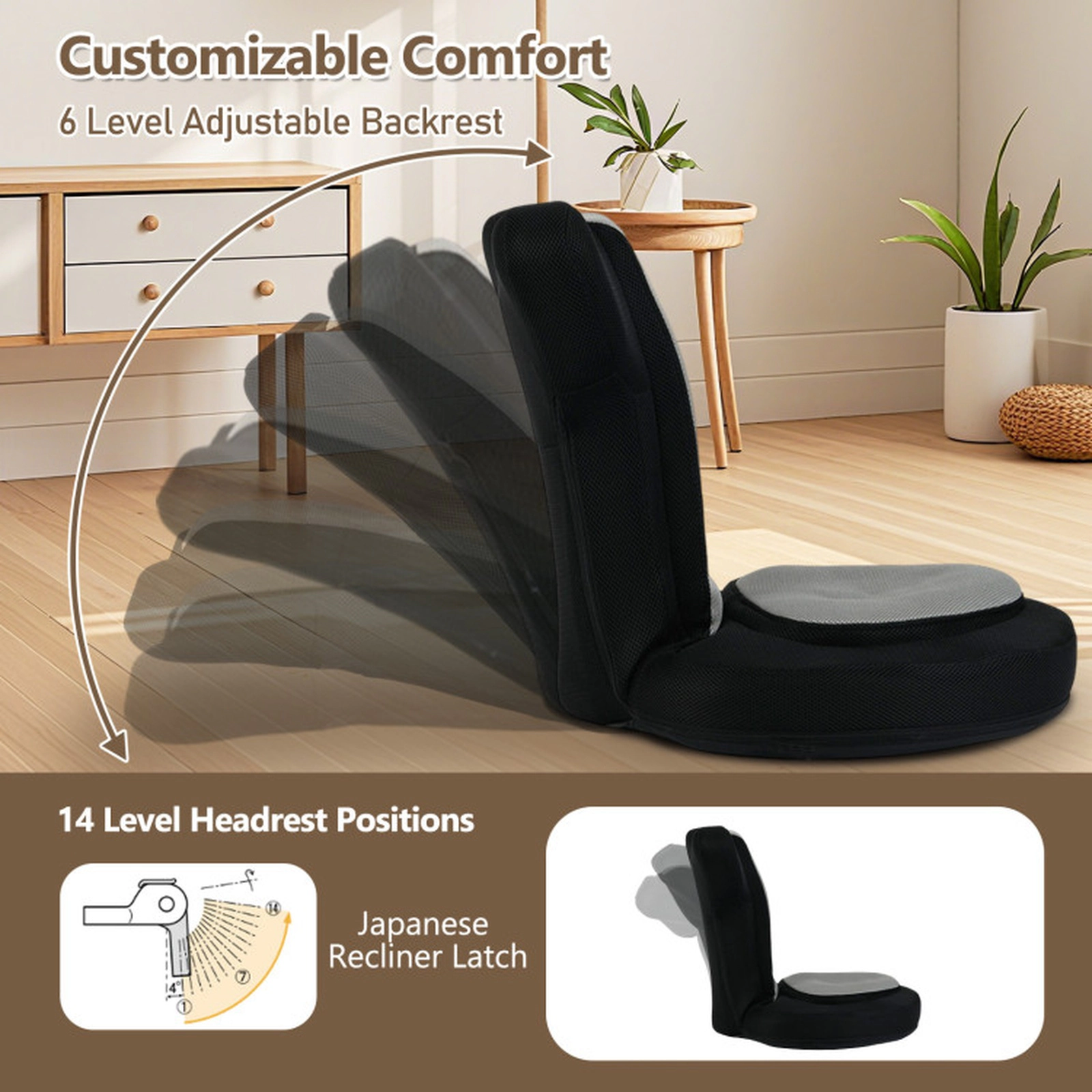 SUGIFT 2-in-1 310-lb Capacity Gray Breathable Mesh Folding Floor Gaming Chair with Adjustable Headrest