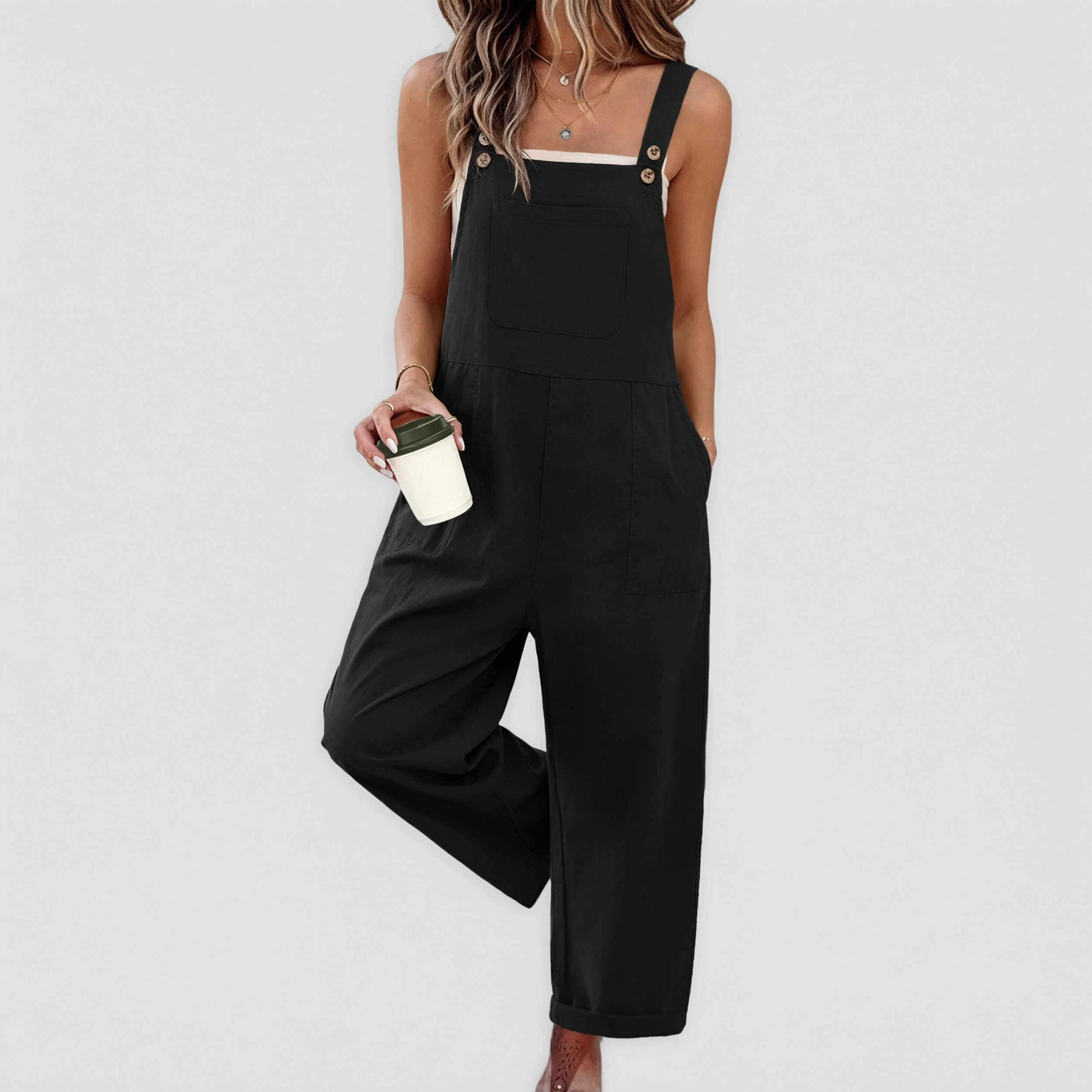Ekouaer Women's Button Strap Wide Leg Overall Jumpsuit with Pockets