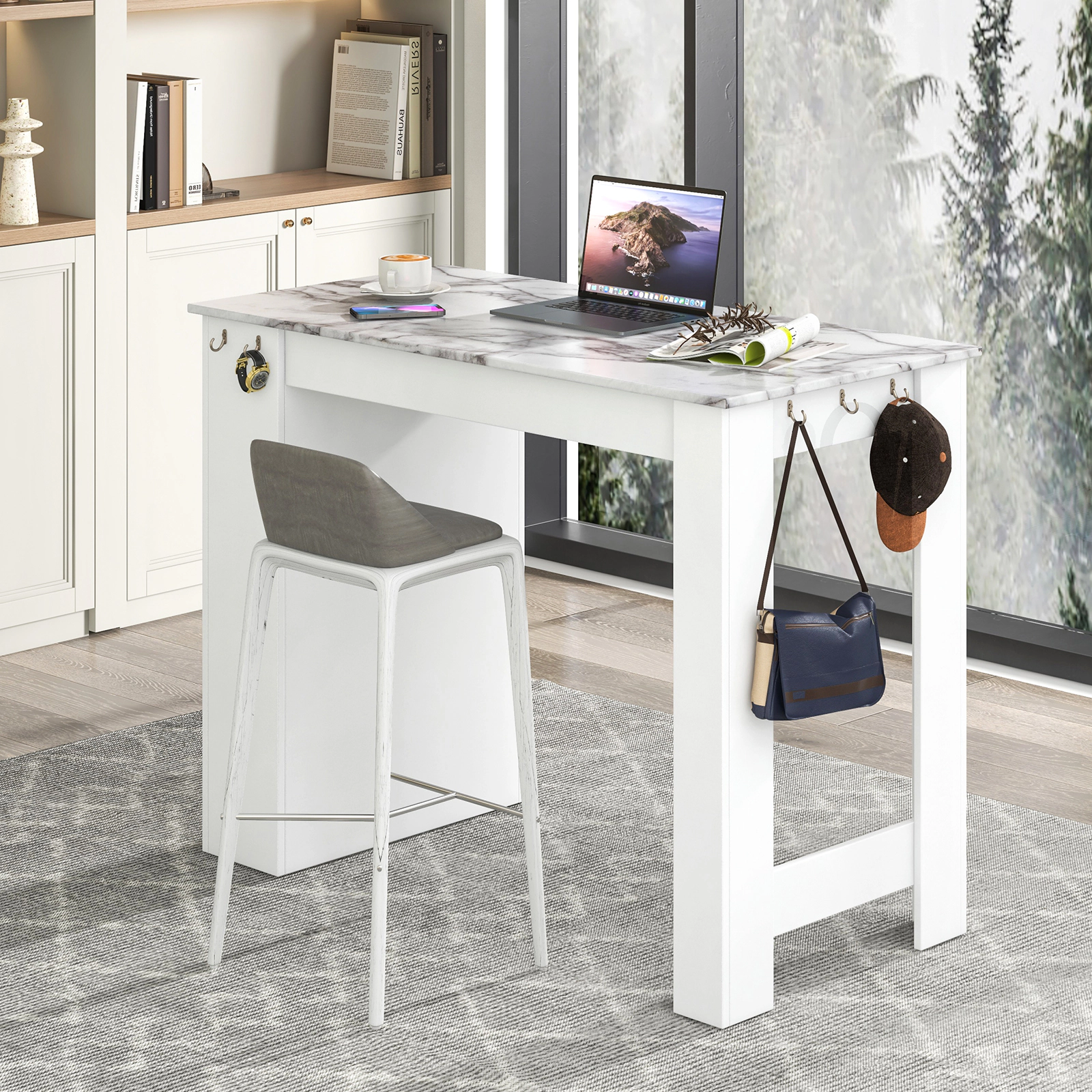 LJG Bar Table Faux Marble Pub Table with 7 Hanging Hooks Compartment