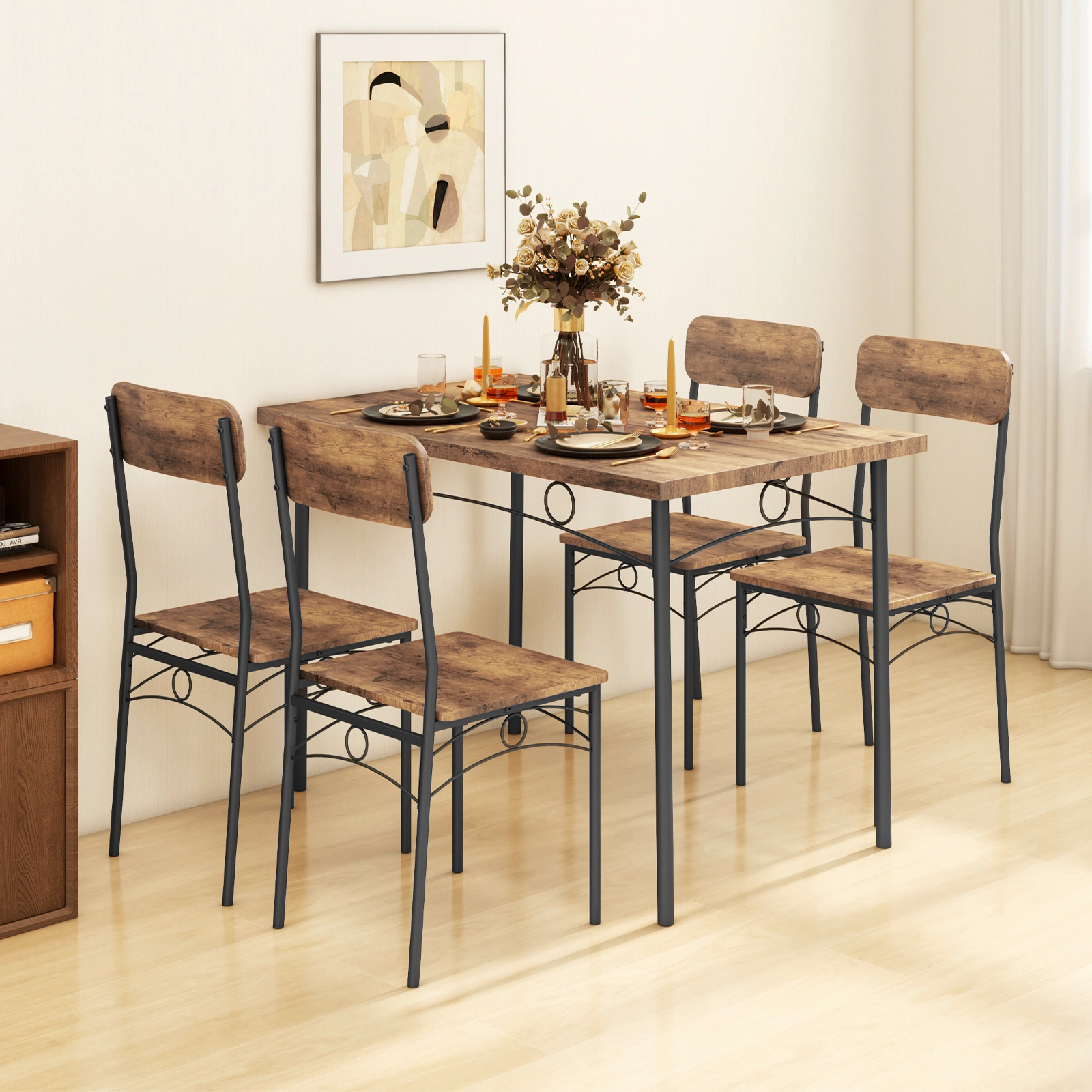 SUGIFT 5-Piece Industrial Dining Table Set for 4 with 43 x 28 x 30 in Table 200-lb Capacity 330-lb Chairs Coffee+Black
