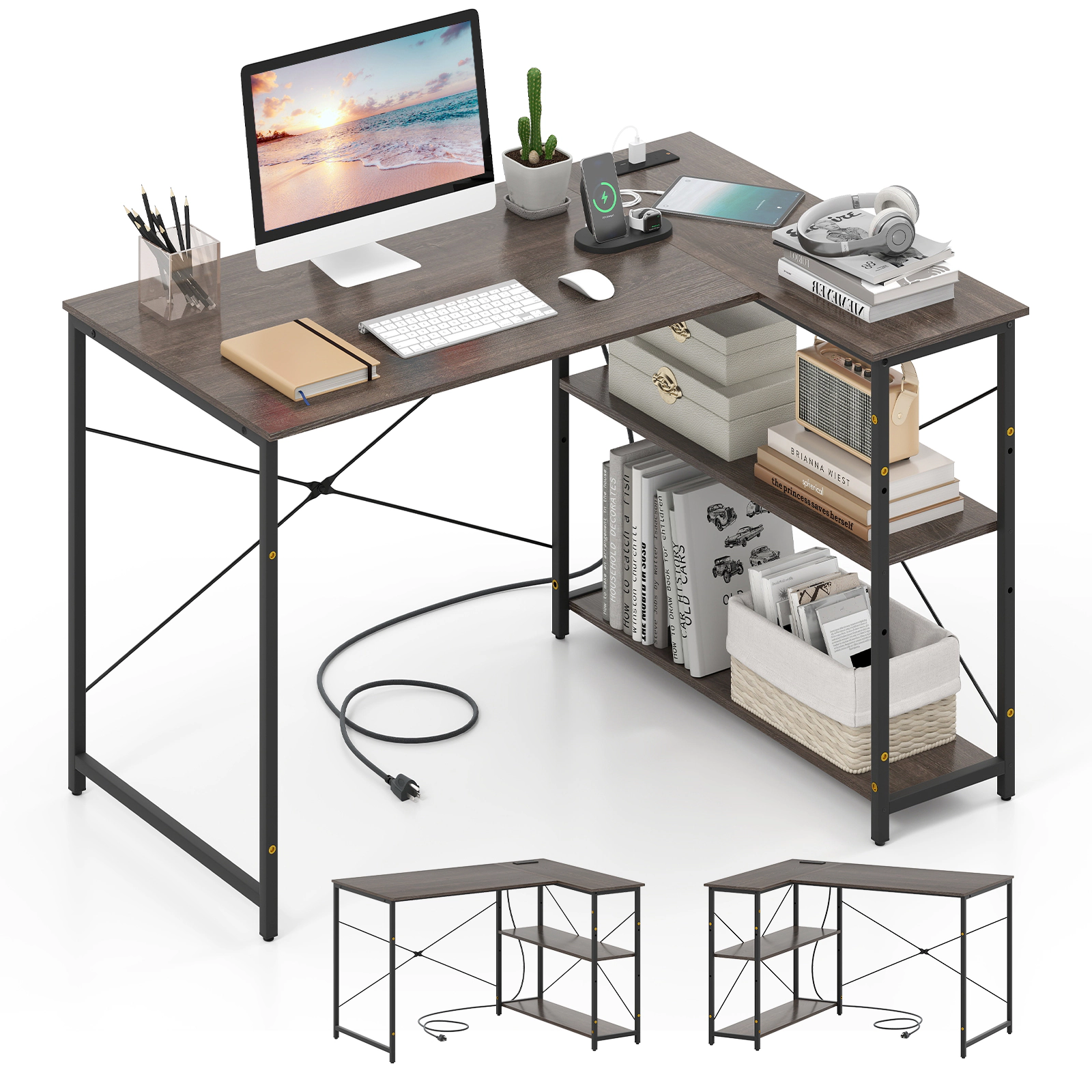 SUGIFT Reversible Adjustable Shelf Built-In Outlets L-Shaped Computer Desk 47-in x 34-in x 29-in 240-lb Capacity Gray
