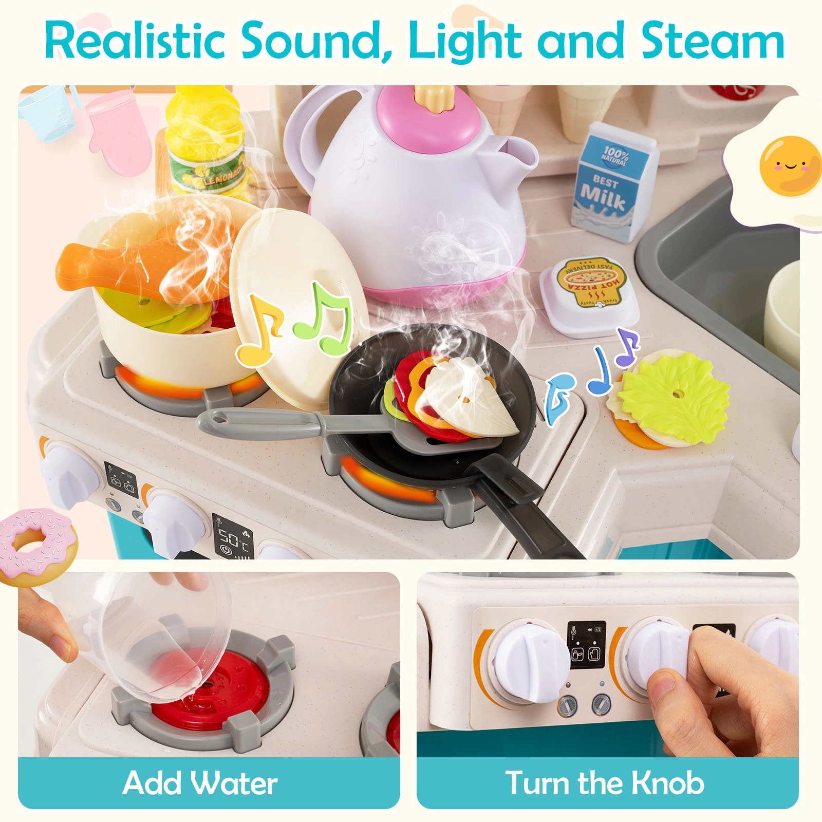 SUGIFT 113 Accessories Steam Effect and Lights Kids Corner Play Kitchen Playset