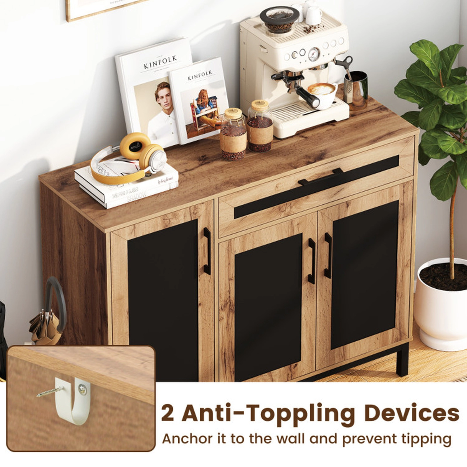 SUGIFT 48-in Sideboard Buffet Cabinet with Drawer and Metal Legs 88-Lb Countertop Capacity Natural + Black